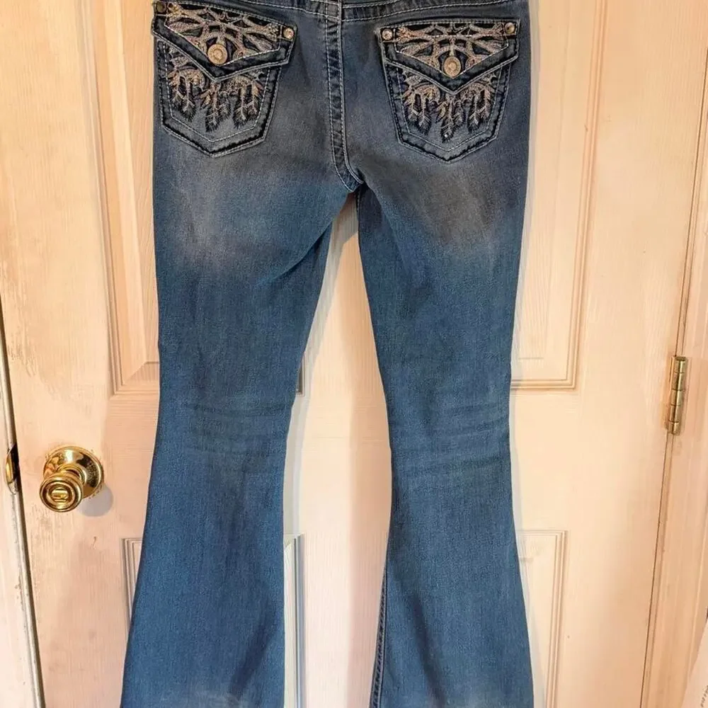 Gemma Rae Y2k blue ripped bootcut with stitch and rhinestone back pocket- 3/26